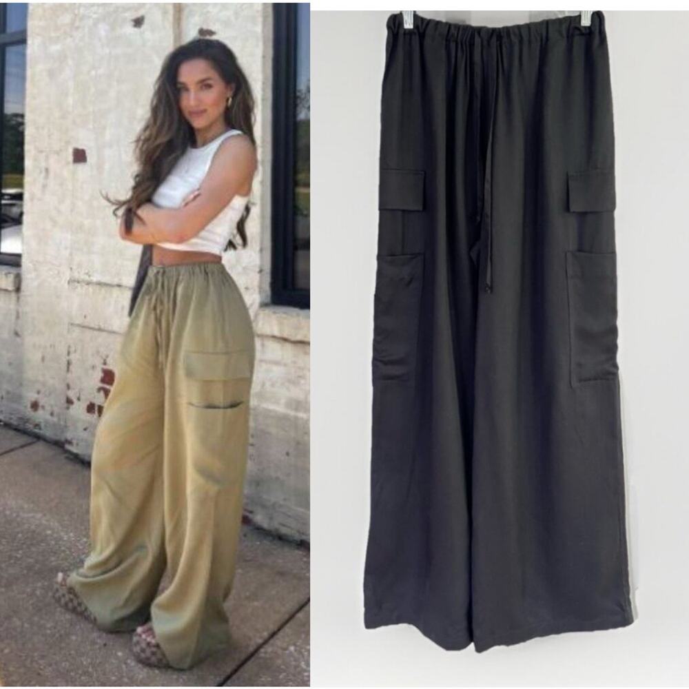 New Reformation Ethan Twill Cargo Wide Leg Pants  Black Tencel Drawstring Sz XS